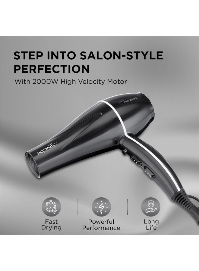 أي كونيك مجفف شعر إيكونيك بروفيشنال برو 2100+، أسود، بقوة 2000 واط، محرك قوي، 3 إعدادات حرارة و2 إعدادات سرعة مع زر هواء بارد، وظيفة تشغيل منخفض الضوضاء، فوهتان قابلتان للتبديل، حماية من ارتفاع درجة الحرارة، سلك بطول 10 أقدام، مناسب للنساء والرجال، لجميع أنواع الشعر - Image 3